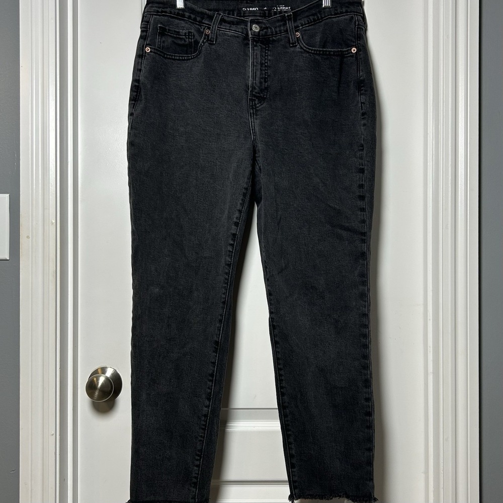 Old Navy OG Straight High Rise Washed Black Raw Hem Jeans 90s Minimalist Style